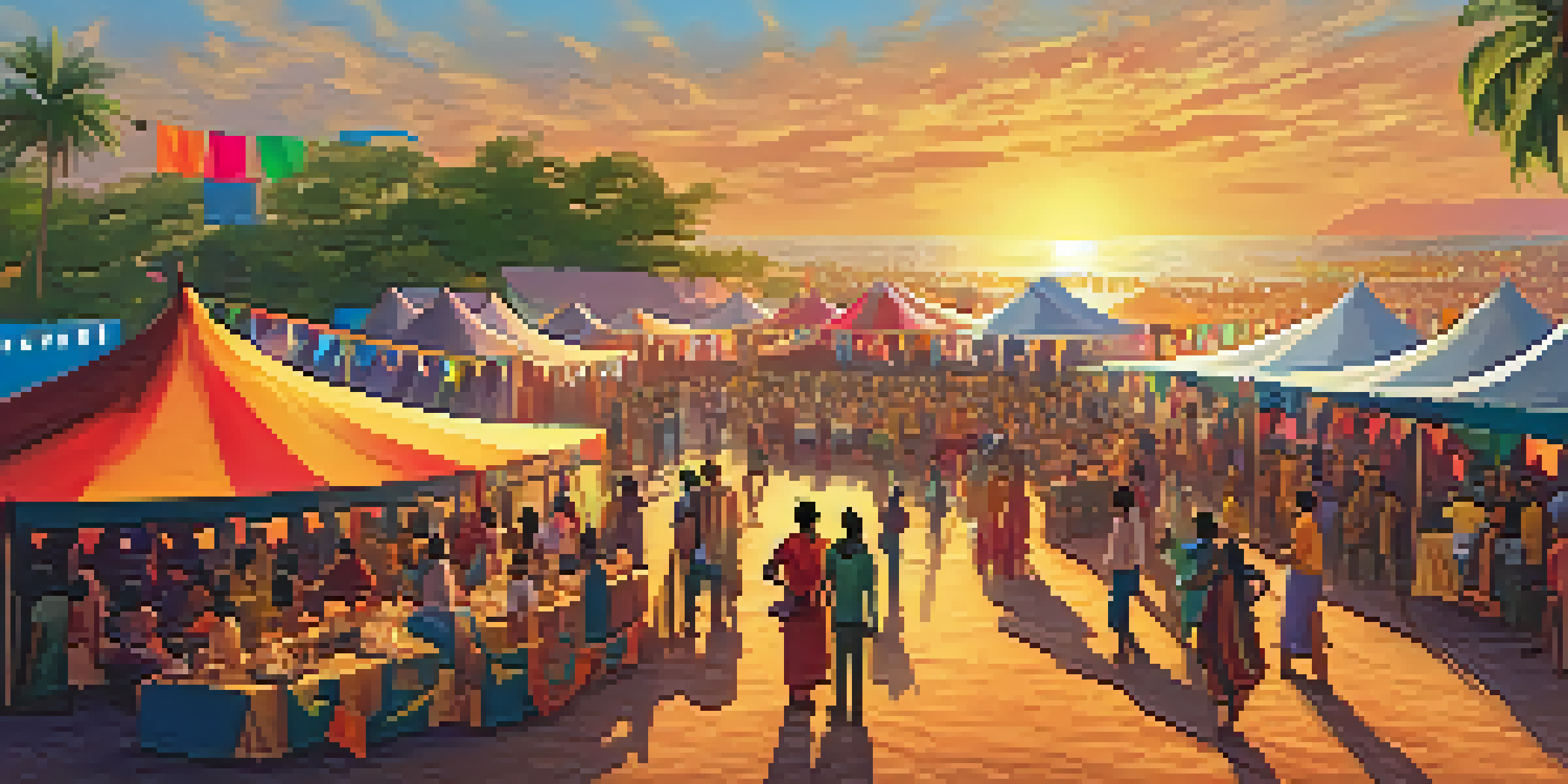 A bustling film festival in Goa with colorful tents, attendees discussing, and a large screen showing a classic Indian film during sunset.