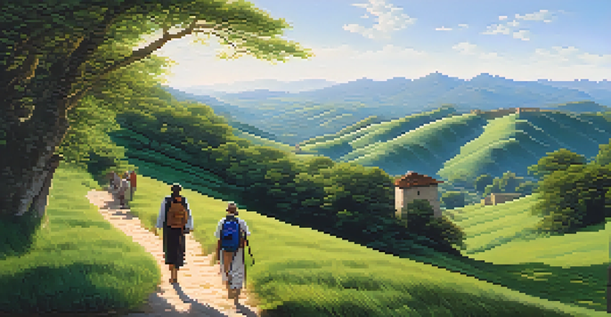 A winding trail through green hills with diverse pilgrims walking together, ancient ruins in the background.