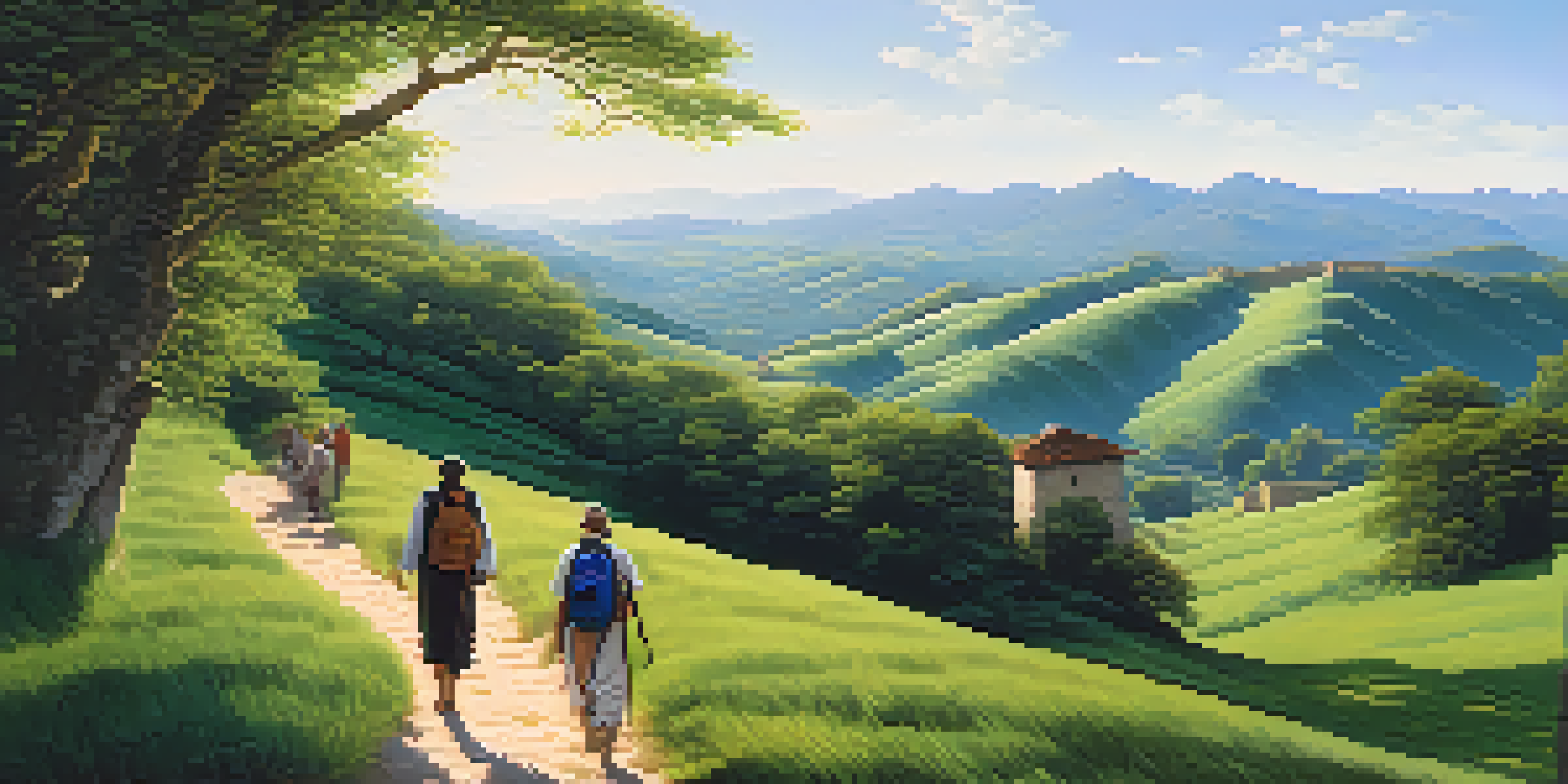 A winding trail through green hills with diverse pilgrims walking together, ancient ruins in the background.