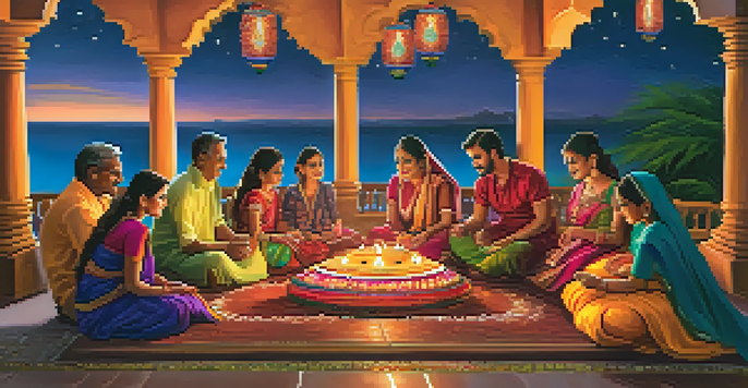 A family celebrating Diwali by lighting oil lamps on a terrace, with colorful rangoli and fireworks in the background.