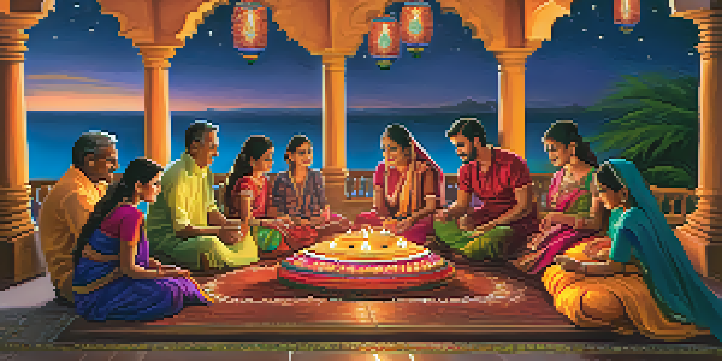 A family celebrating Diwali by lighting oil lamps on a terrace, with colorful rangoli and fireworks in the background.
