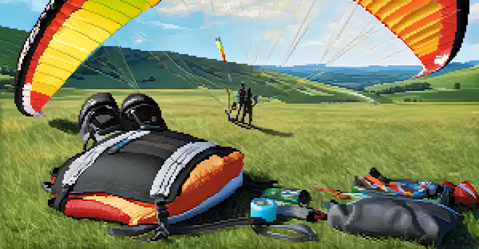 Essential paragliding gear including a colorful paraglider, harness, helmet, and parachute on a grassy hilltop.