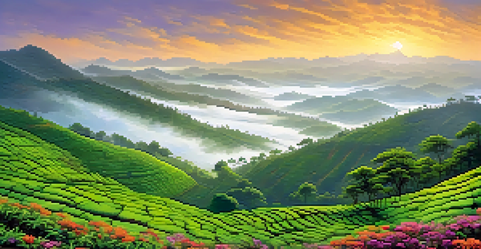 A breathtaking view of the Western Ghats with green tea plantations, waterfalls, and colorful wildflowers under a misty sky.