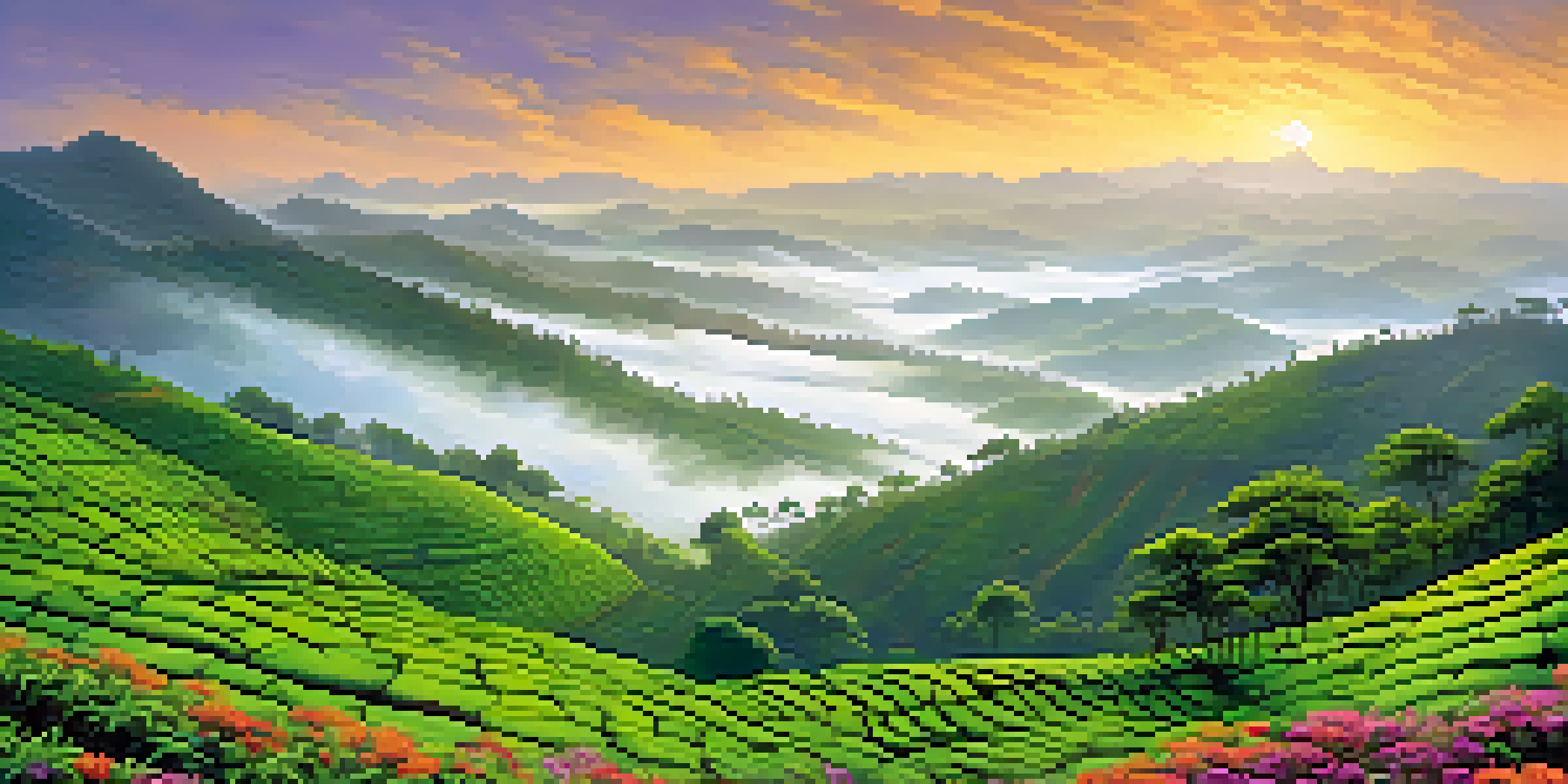 A breathtaking view of the Western Ghats with green tea plantations, waterfalls, and colorful wildflowers under a misty sky.