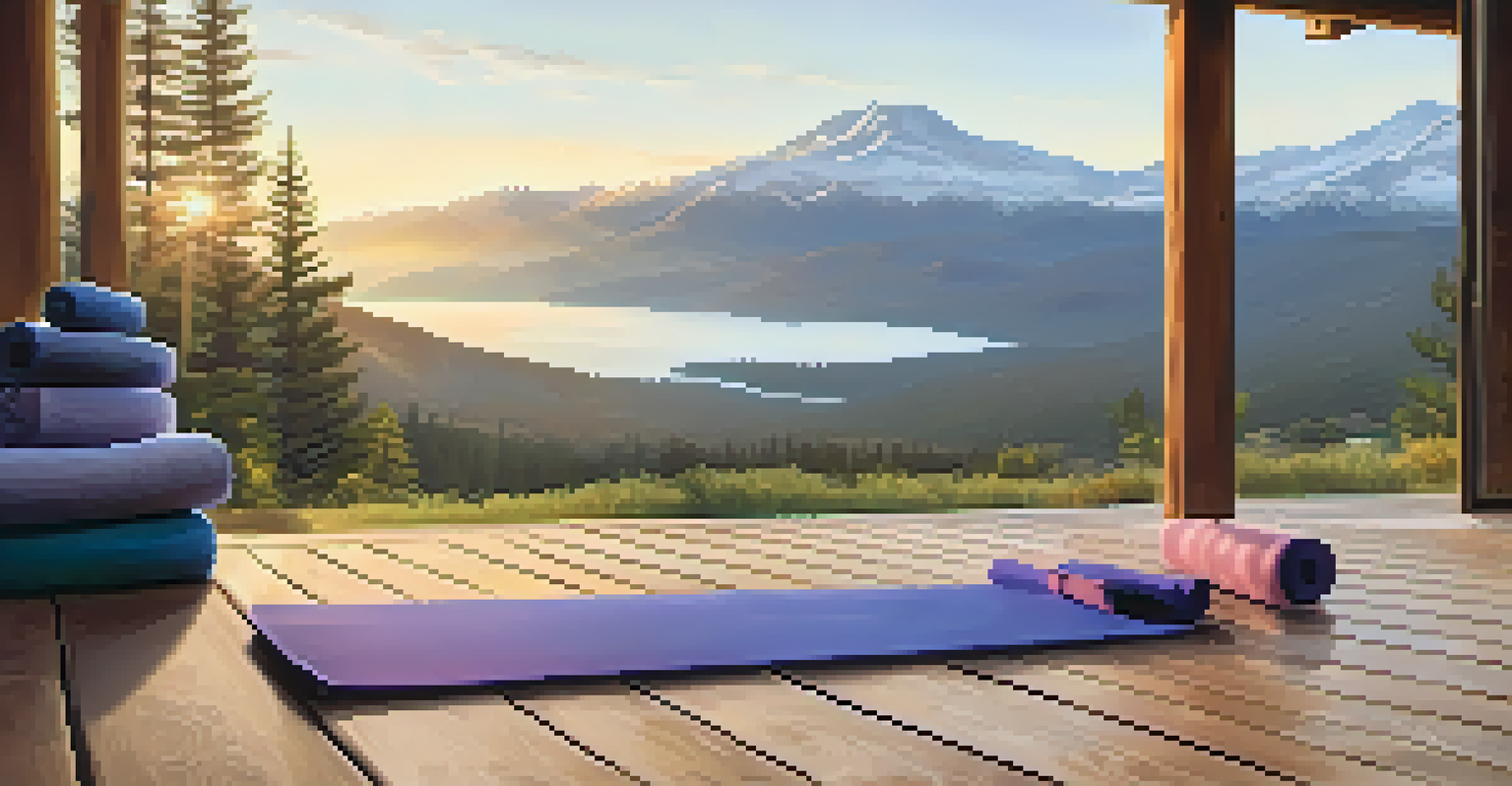A yoga mat on a wooden deck with a view of snow-capped mountains and valleys in the early morning light.