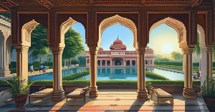 A majestic heritage hotel in India with ornate architectural details, surrounded by gardens and a sunset sky.