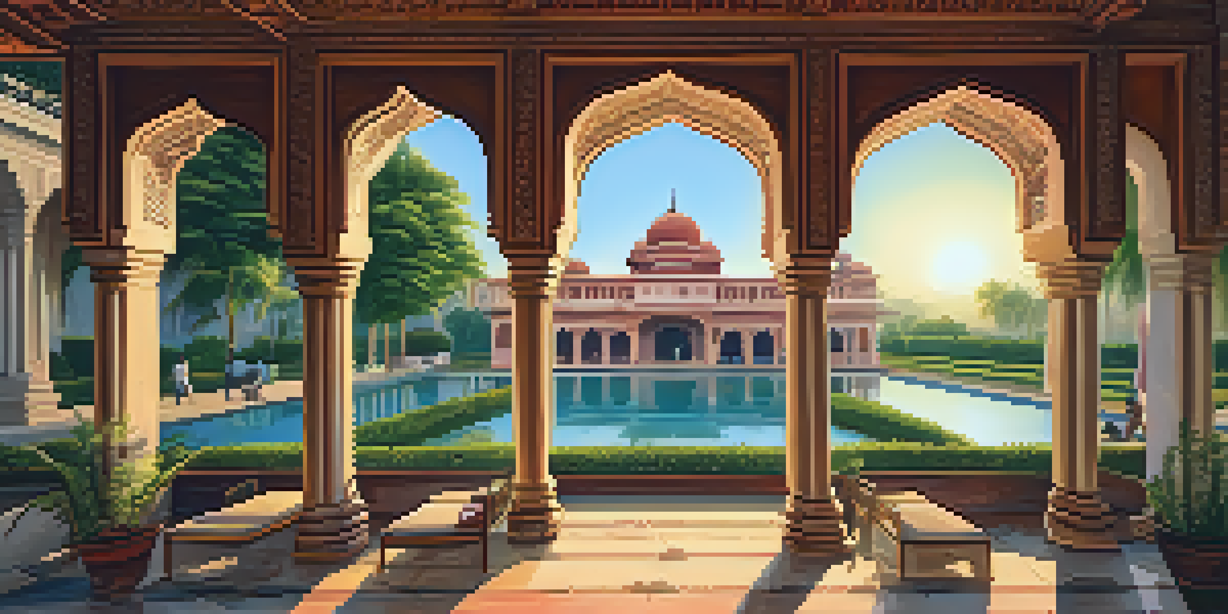 A majestic heritage hotel in India with ornate architectural details, surrounded by gardens and a sunset sky.