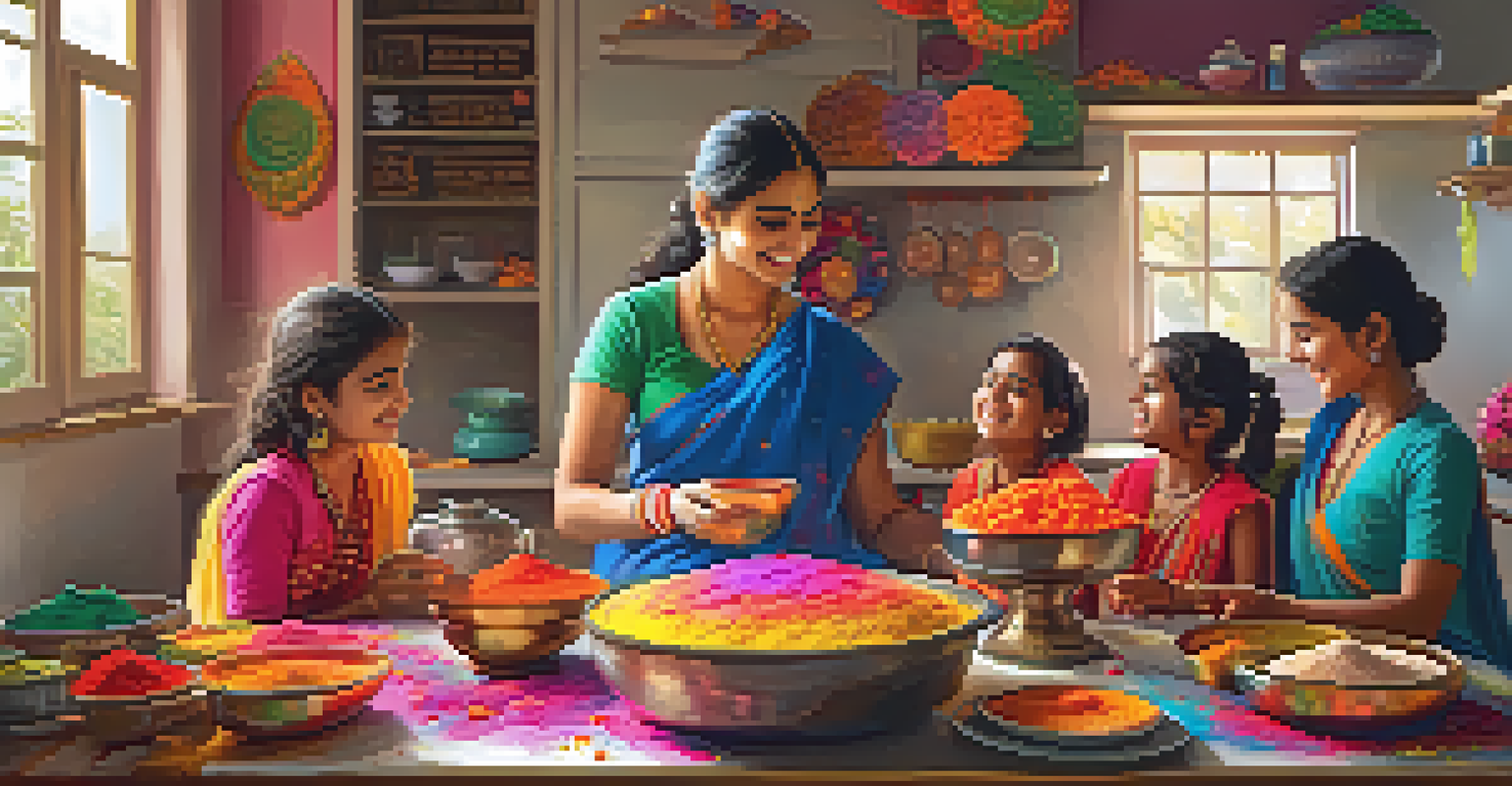 A family preparing traditional sweets for Holi in a colorful kitchen.