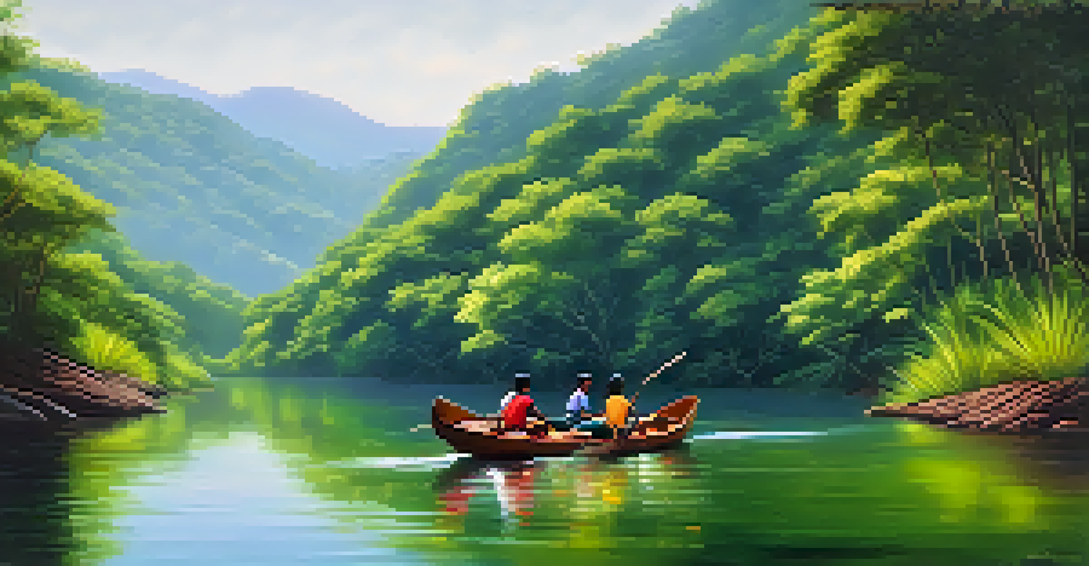 A family enjoying a calm rafting experience on the Kundalika River, with lush green forests surrounding them and a peaceful atmosphere.