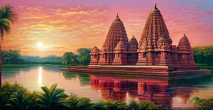 A majestic ancient temple with intricate carvings illuminated by the sunset, set against a colorful sky.