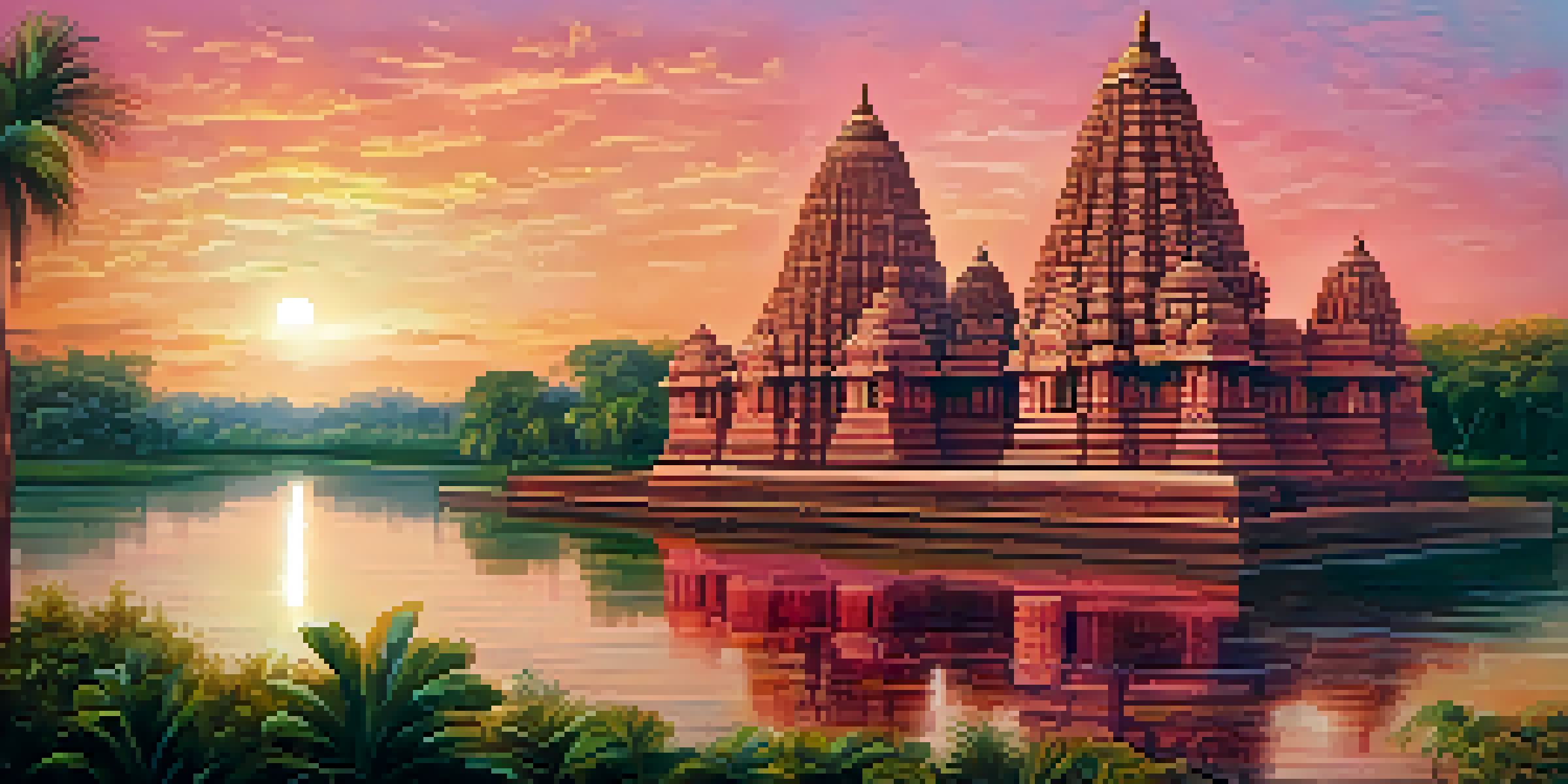 A majestic ancient temple with intricate carvings illuminated by the sunset, set against a colorful sky.