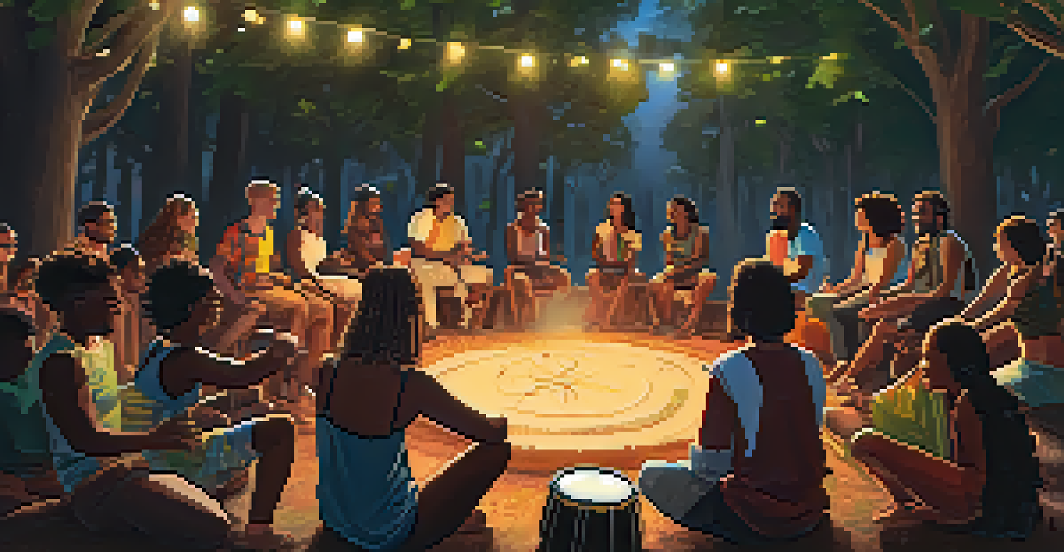 A joyful group of individuals participating in a drum circle at a festival, surrounded by nature and illuminated by fairy lights.