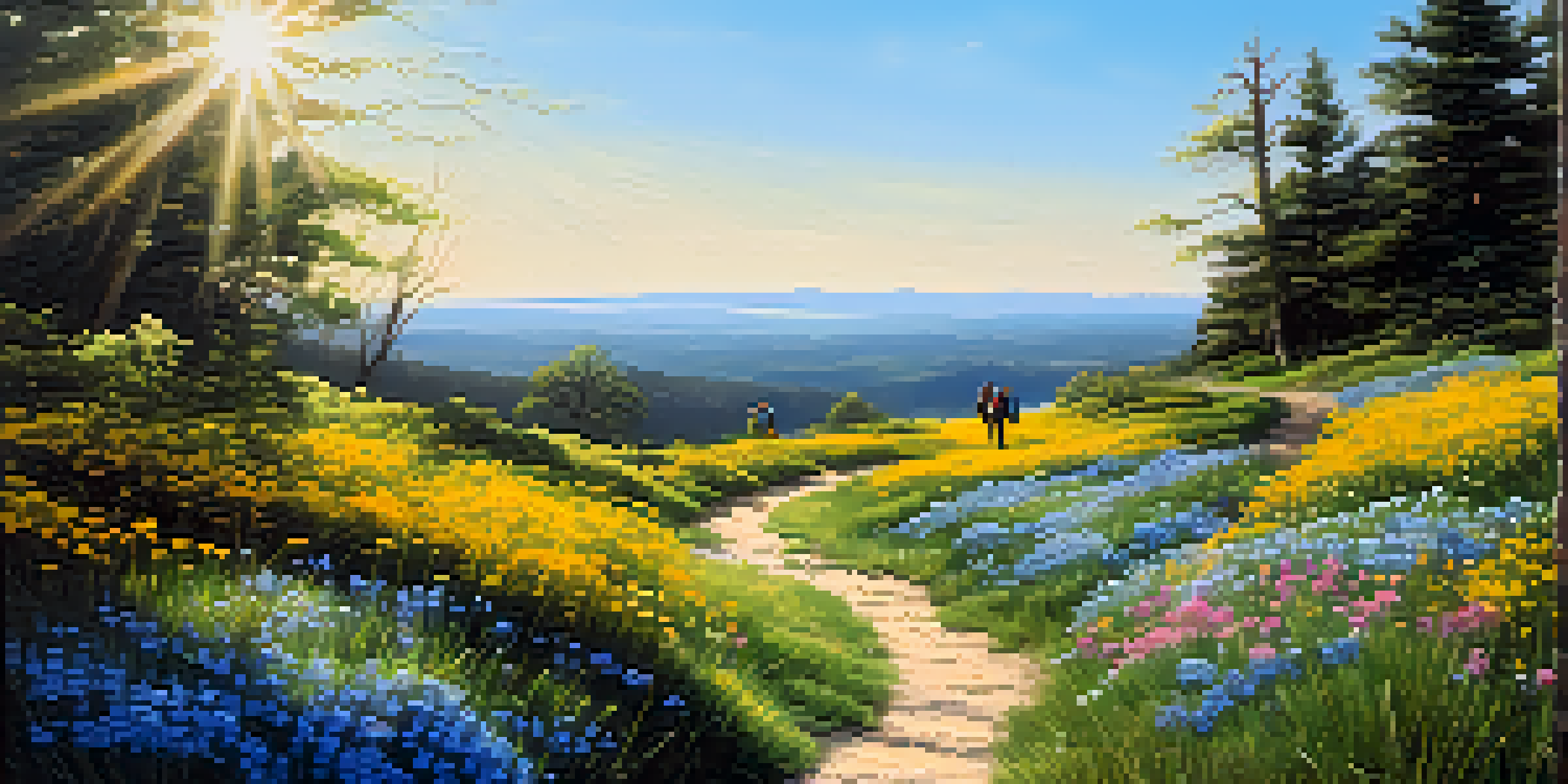 A picturesque spring scene with a winding trail full of blooming wildflowers and hikers in the distance under a clear blue sky.