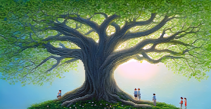An artistic family tree with portraits of ancestors on green leaves, set against a soft blue and white background.