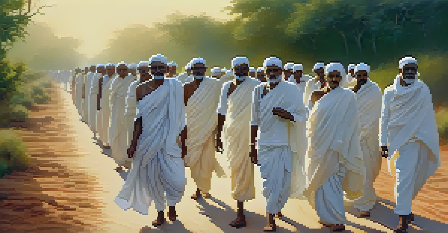 Participants in white clothing reenacting Mahatma Gandhi's Salt March, walking along a road with greenery around them.