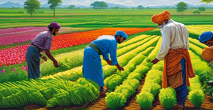 Indian farmers in traditional attire planting seeds in a lush green field filled with diverse crops under a clear blue sky.