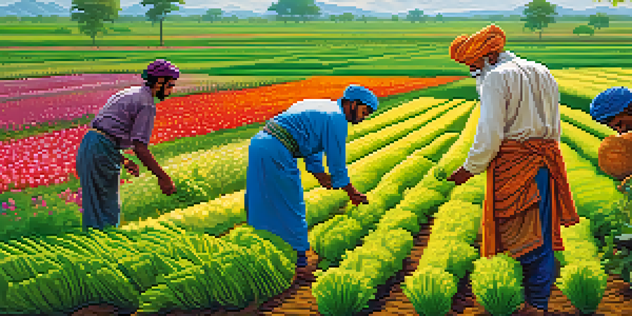 Indian farmers in traditional attire planting seeds in a lush green field filled with diverse crops under a clear blue sky.