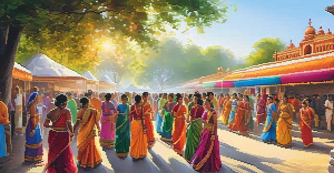 A lively street scene in India during a cultural festival, featuring traditional dancers in colorful costumes and food stalls.