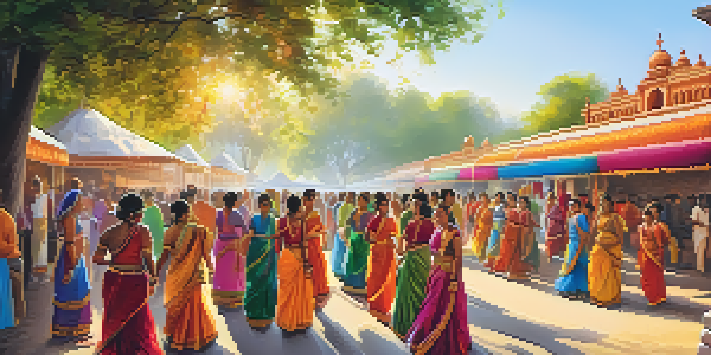 A lively street scene in India during a cultural festival, featuring traditional dancers in colorful costumes and food stalls.