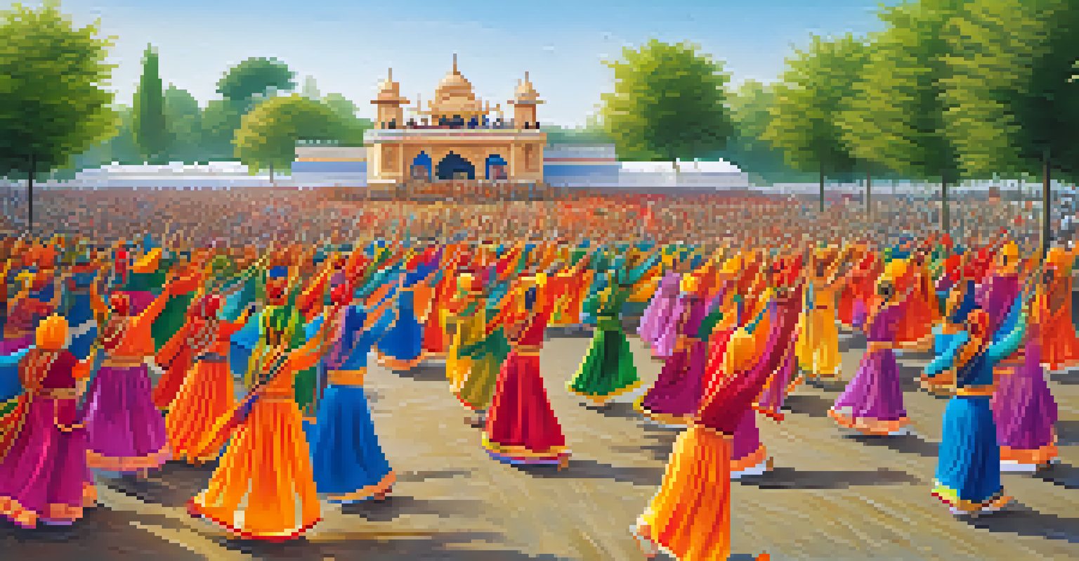 Energetic Baisakhi festival procession in Punjab with dancers in traditional attire celebrating in vibrant surroundings.