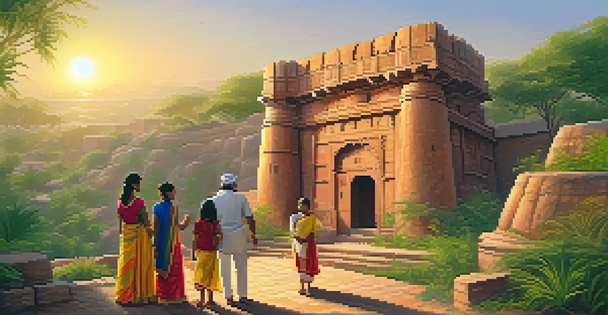 A family exploring an ancient Indian fort with intricate carvings, illuminated by a golden sunset.