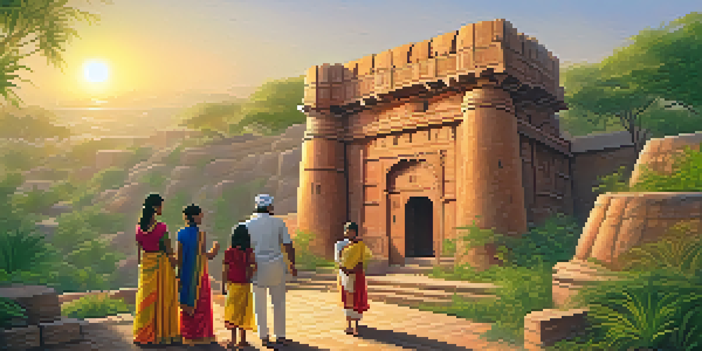 A family exploring an ancient Indian fort with intricate carvings, illuminated by a golden sunset.