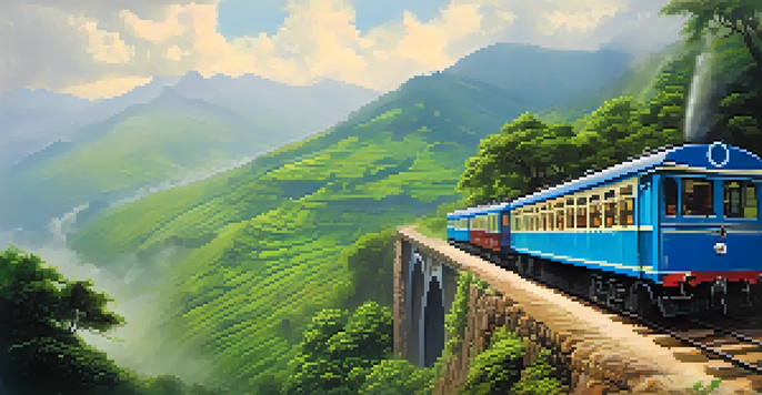 A panoramic view of the Nilgiri Mountain Railway with vintage coaches surrounded by lush green hills and misty mountains, featuring waterfalls and vibrant flora.