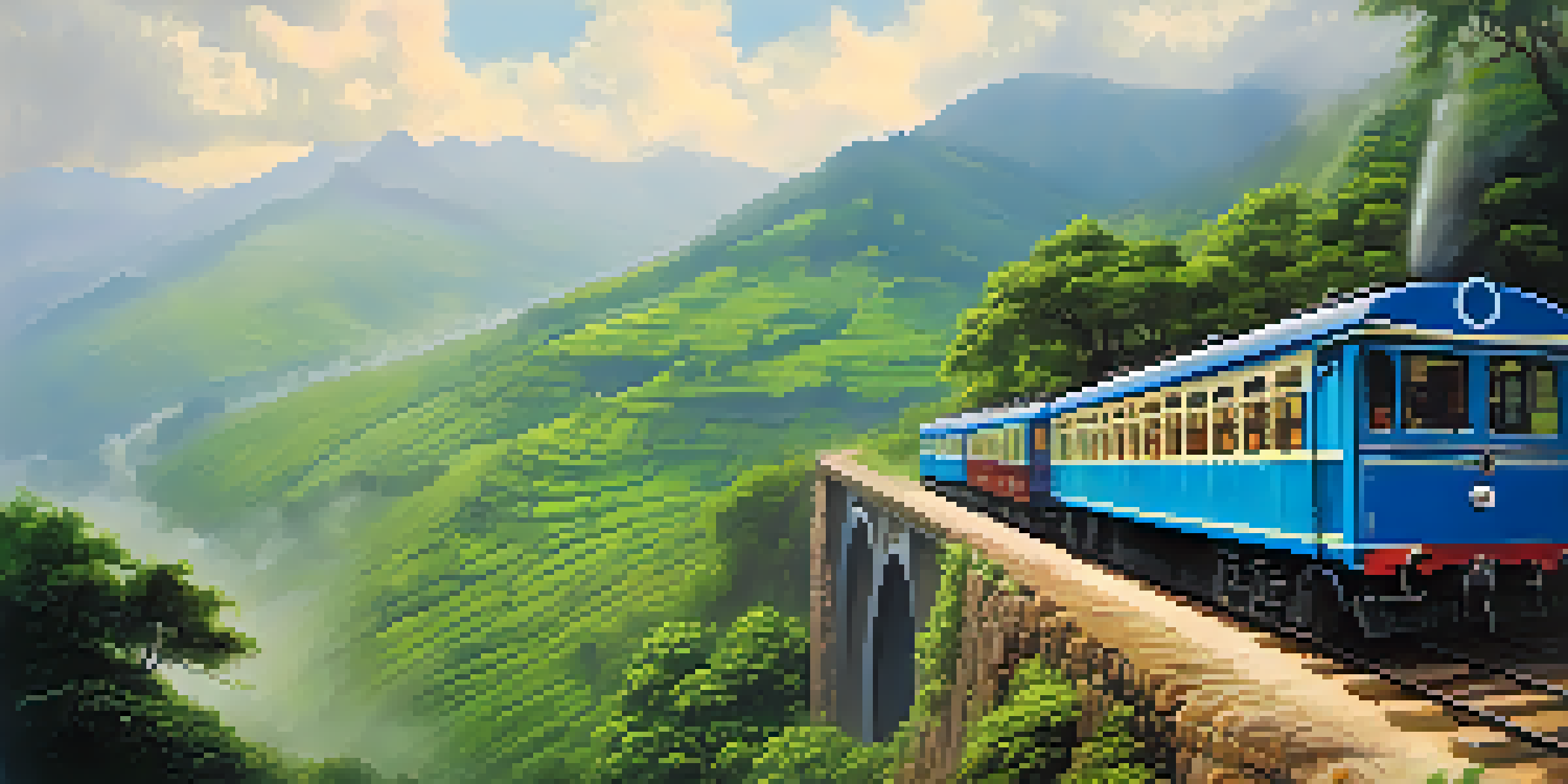 A panoramic view of the Nilgiri Mountain Railway with vintage coaches surrounded by lush green hills and misty mountains, featuring waterfalls and vibrant flora.