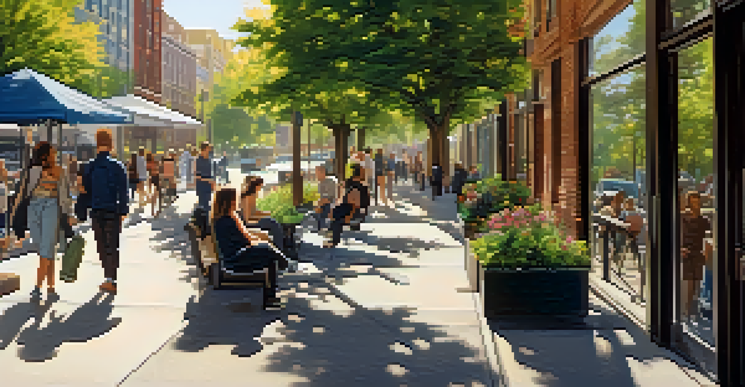 A wide sidewalk in a city filled with diverse people enjoying the space, featuring benches, planters, and accessible public transport.
