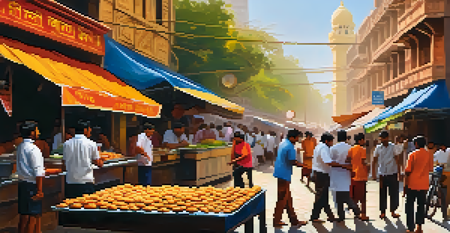 A street vendor preparing Vada Pav in Mumbai, showcasing the bustling atmosphere and warm sunlight.