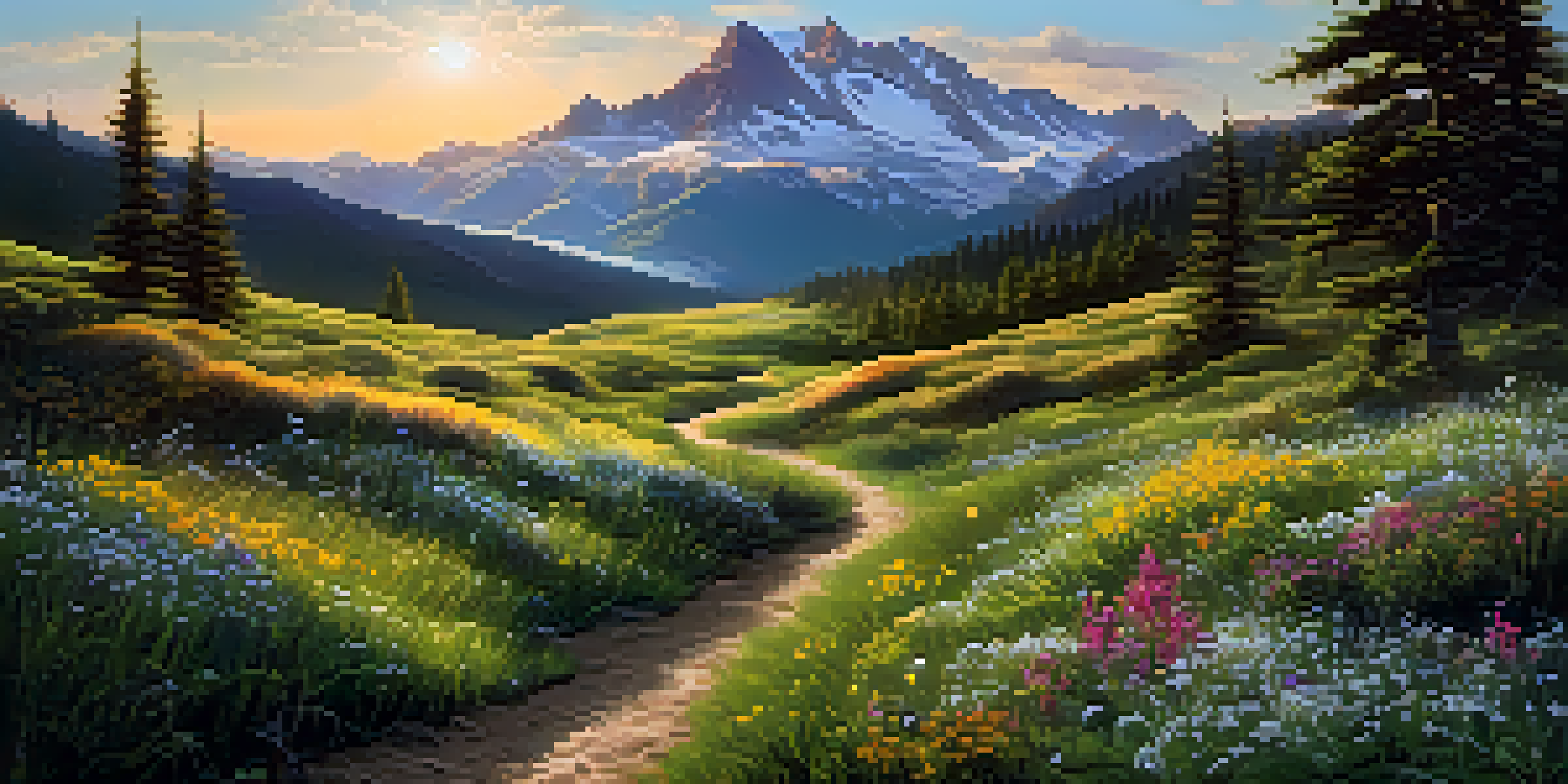 A beautiful mountain landscape at sunrise with a winding hiking trail, vibrant wildflowers, and snow-capped peaks in the background.
