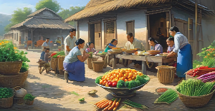 A lively rural village scene featuring a family cooking outdoors, with tourists interacting with artisans, all under warm sunlight.