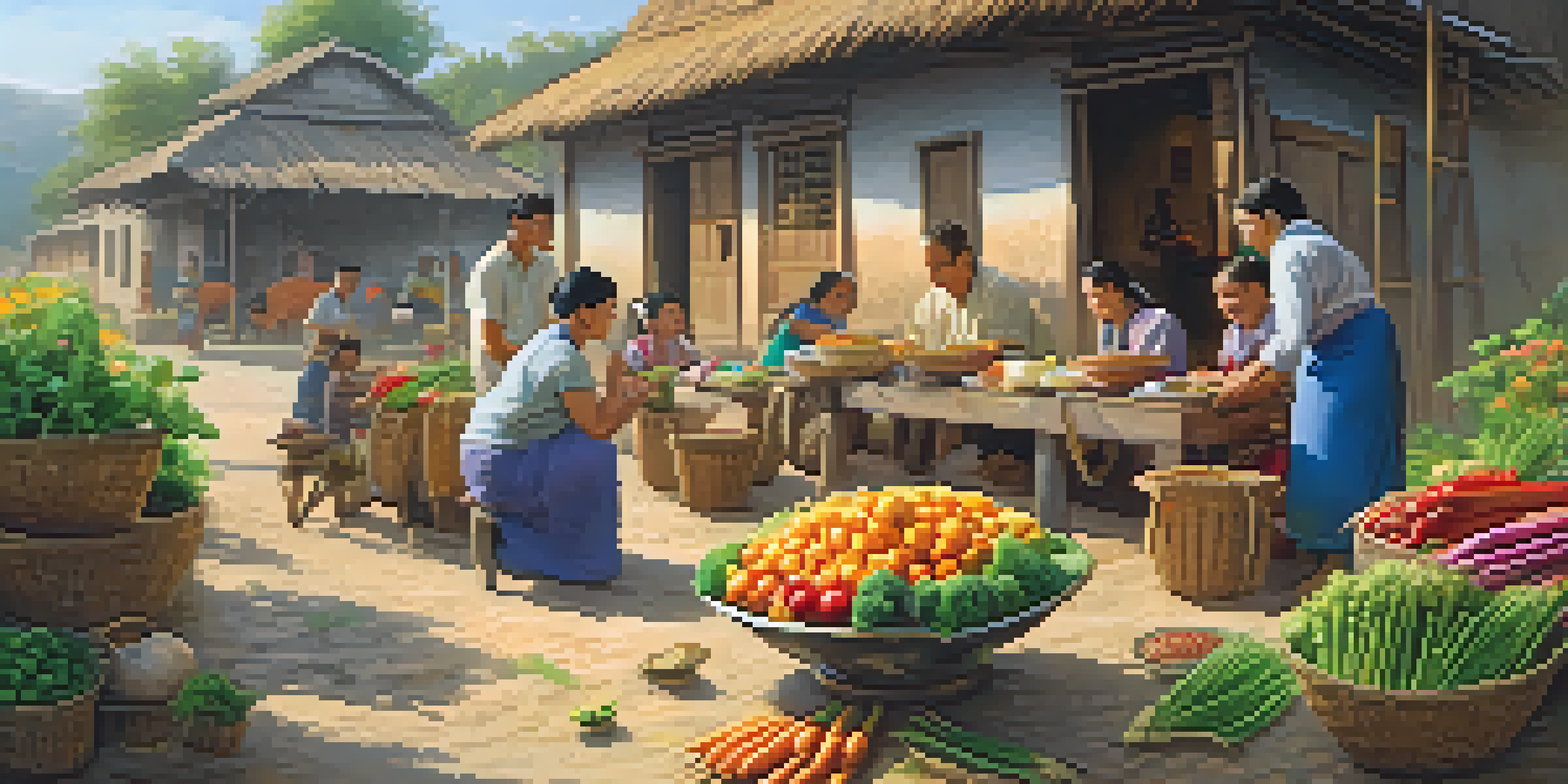 A lively rural village scene featuring a family cooking outdoors, with tourists interacting with artisans, all under warm sunlight.