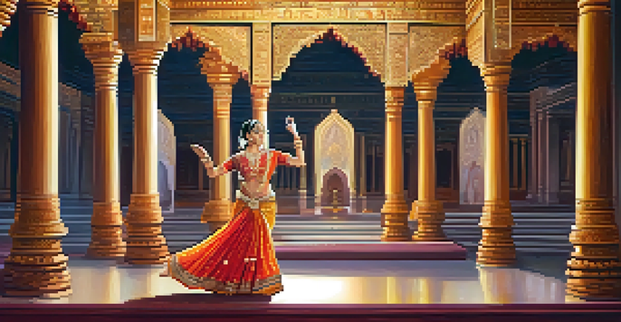 A dancer in traditional Indian attire performing in a temple, illuminated by soft golden light, surrounded by sculptures and tapestries.