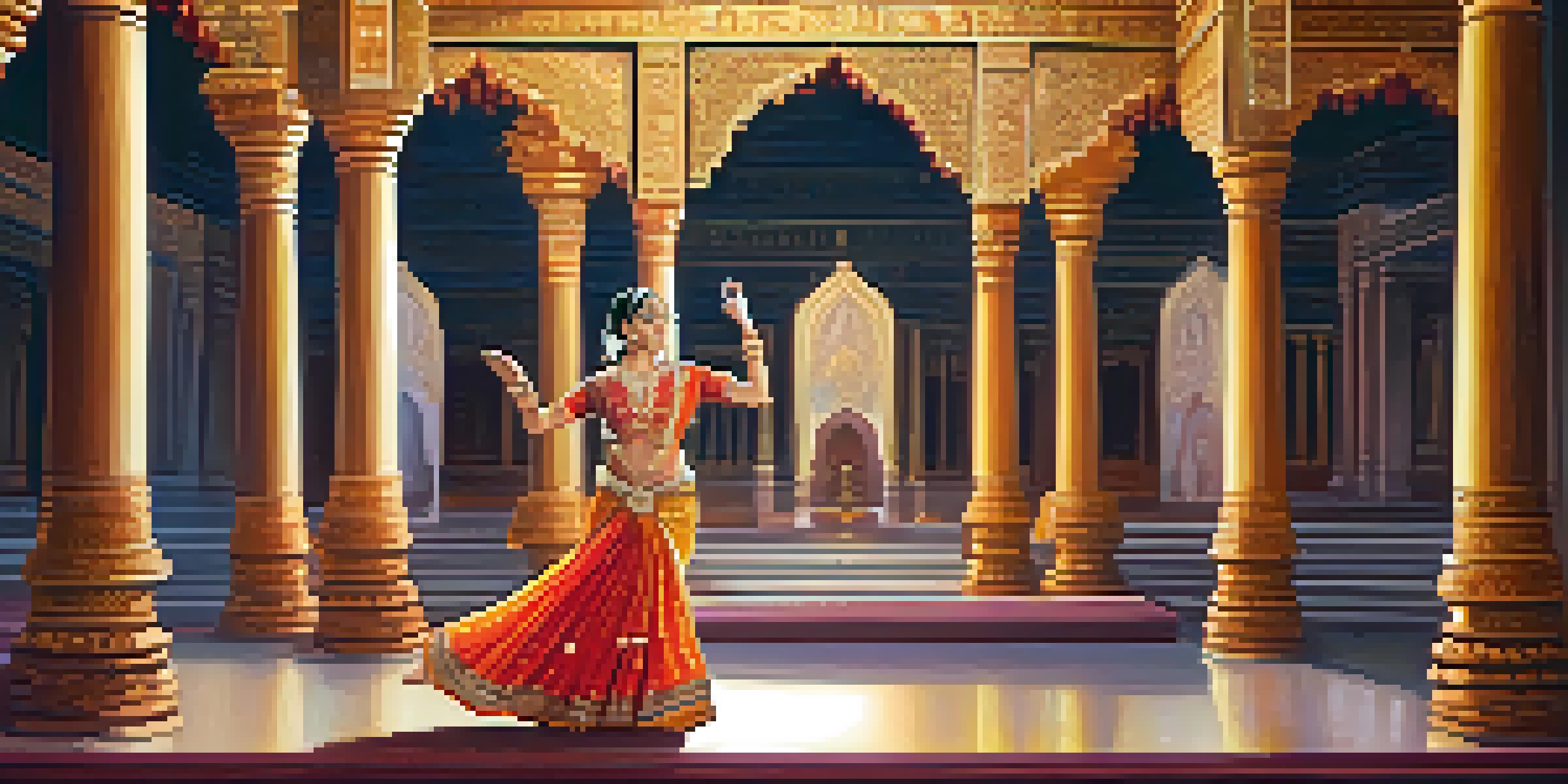 A dancer in traditional Indian attire performing in a temple, illuminated by soft golden light, surrounded by sculptures and tapestries.