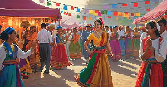 A lively cultural festival with a diverse group of people engaging in music and dance, surrounded by colorful decorations and food stalls.