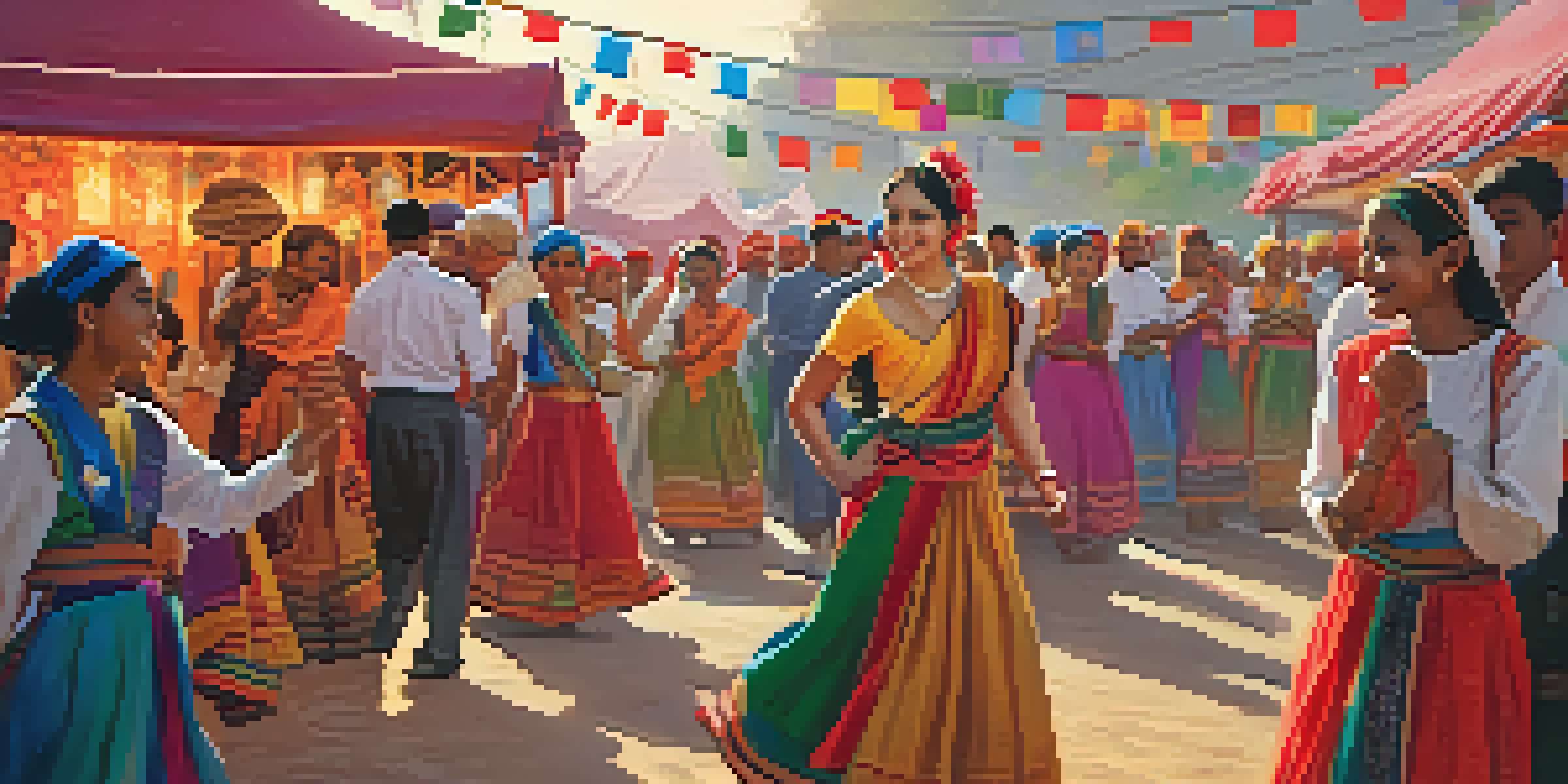 A lively cultural festival with a diverse group of people engaging in music and dance, surrounded by colorful decorations and food stalls.