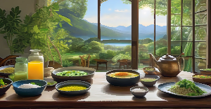 A tranquil dining scene at an Ayurvedic retreat with an array of colorful dishes showcasing balanced Ayurvedic meals.