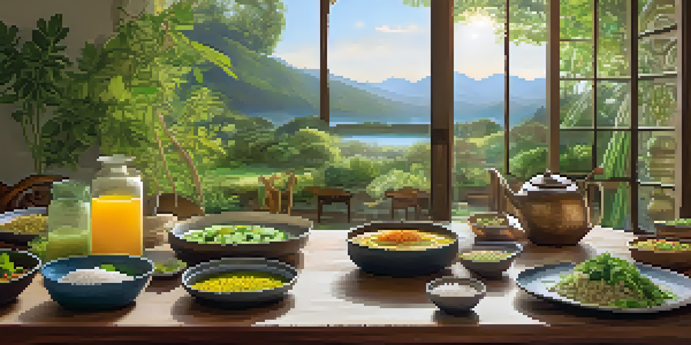A tranquil dining scene at an Ayurvedic retreat with an array of colorful dishes showcasing balanced Ayurvedic meals.