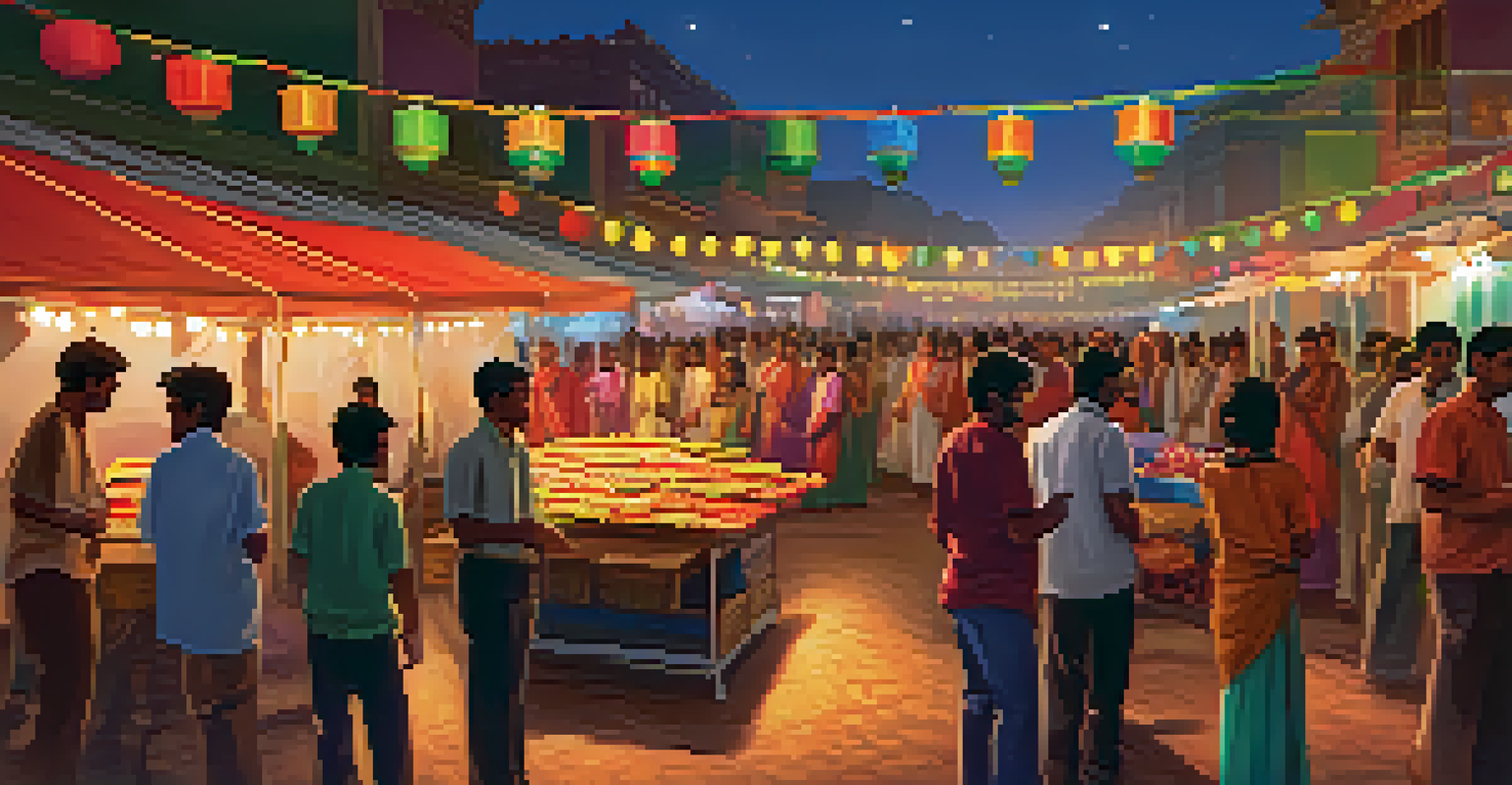 A vibrant cultural festival scene in an Indian city, with students setting up stalls representing different countries, decorated with colorful lights.