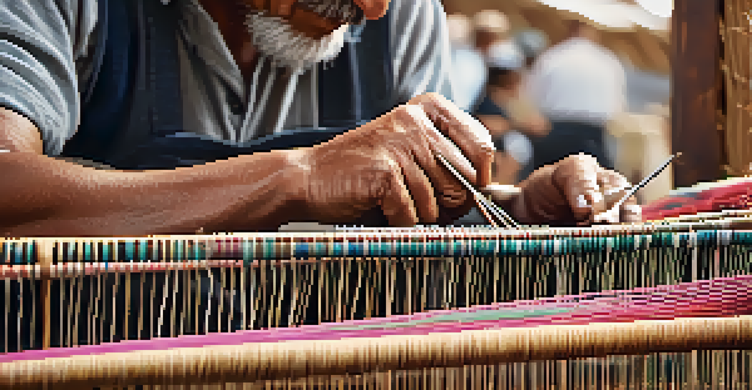 Close-up of an artisan weaving a textile, showing hands at work and colorful threads in the background.