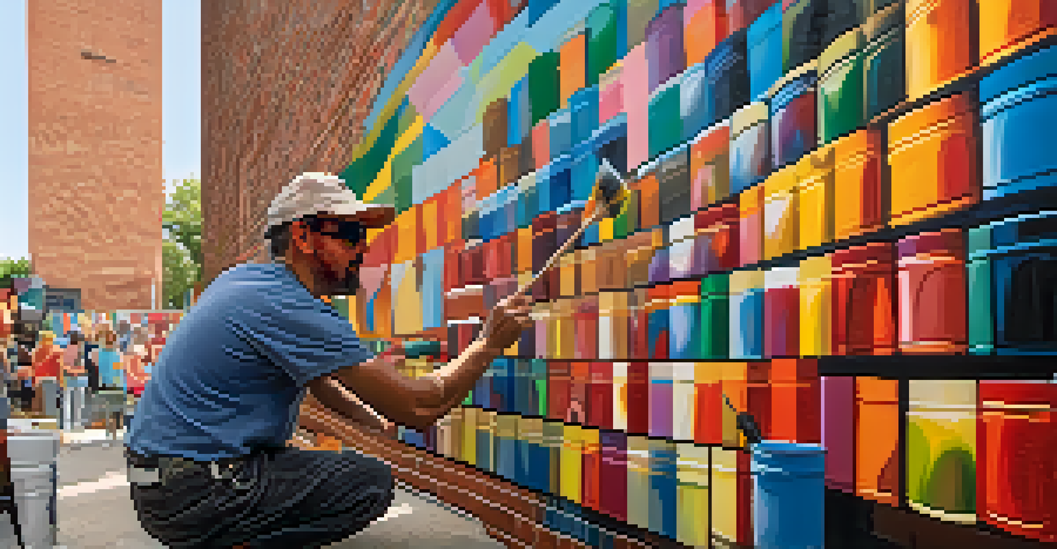 A local artist painting a mural at an art festival, surrounded by paint cans and admiring onlookers.