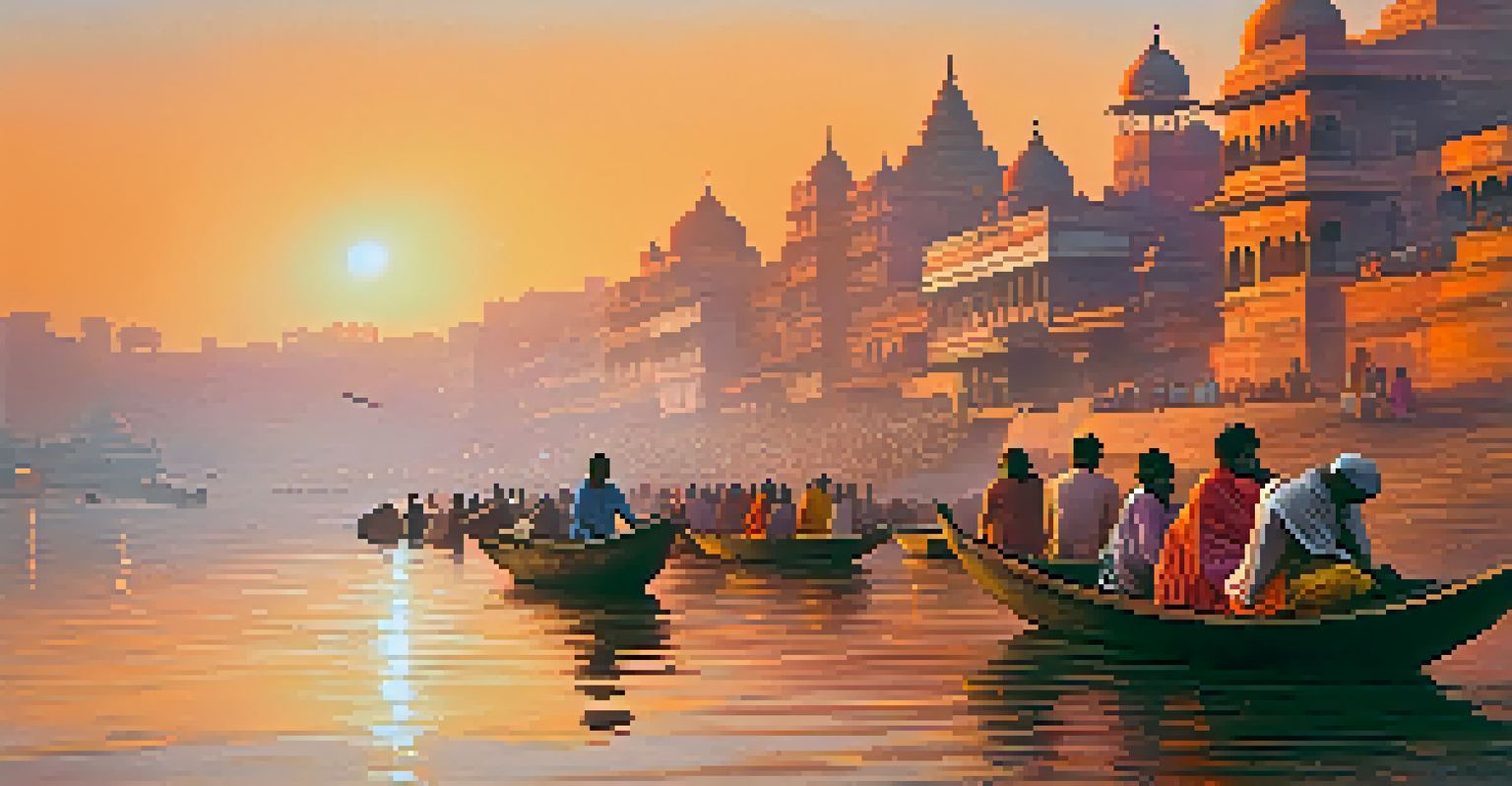 The Ganges River at sunrise, with locals performing prayers on the banks and the sky illuminated in warm colors.
