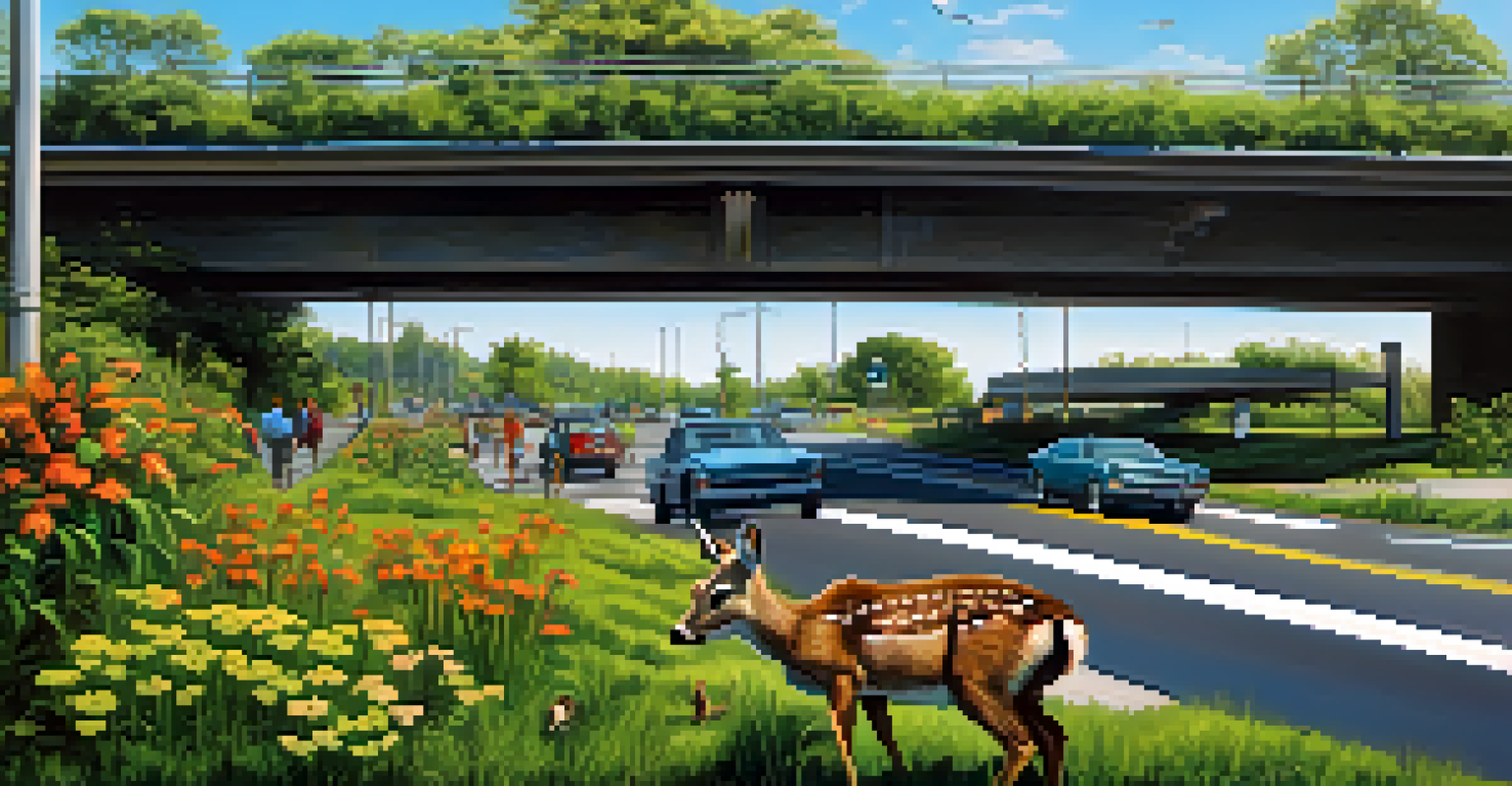 Animals crossing a green bridge over a busy urban road, illustrating the coexistence of wildlife and urban development.