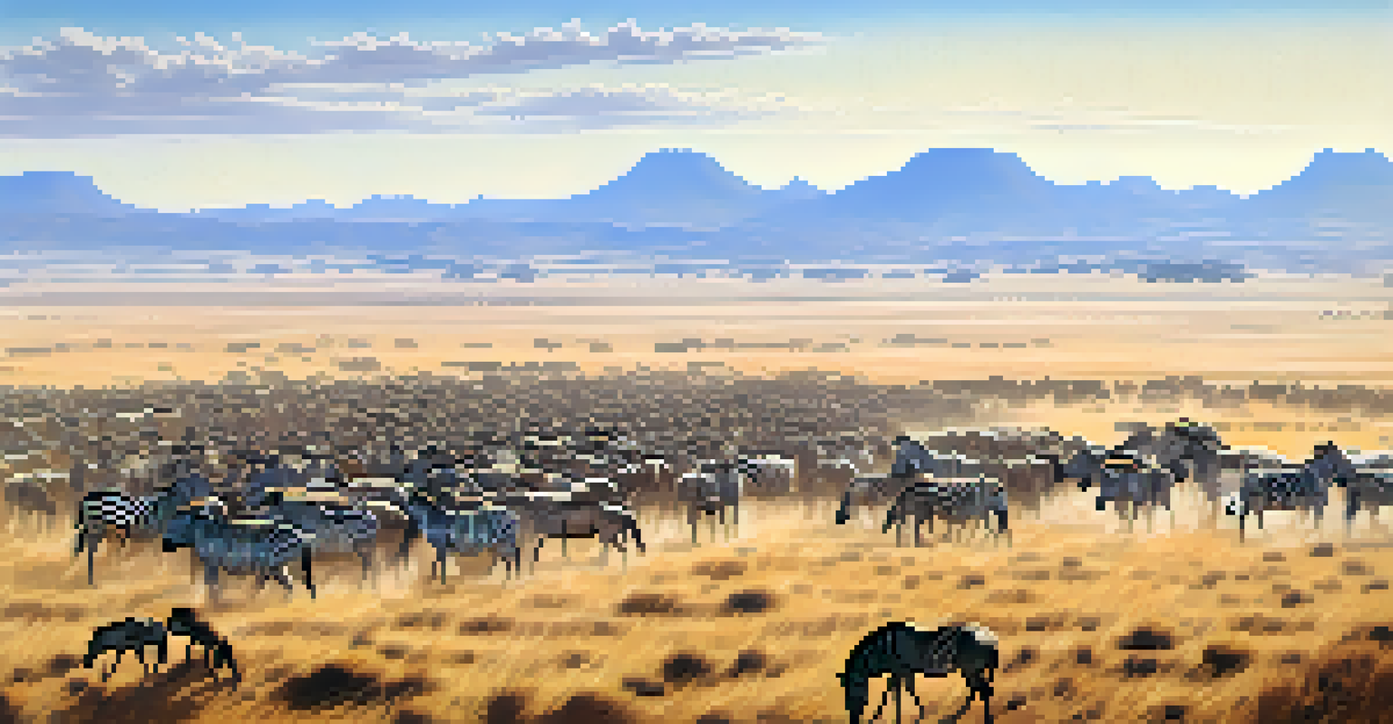 An aerial view of the Great Migration with wildebeests and zebras crossing the Serengeti landscape.