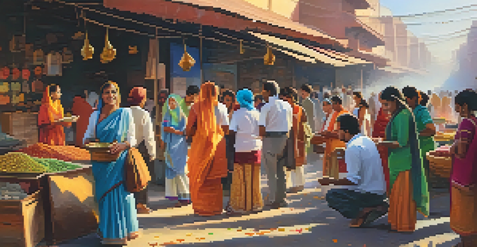 A lively outdoor language class in an Indian market, with learners practicing Hindi among colorful stalls.