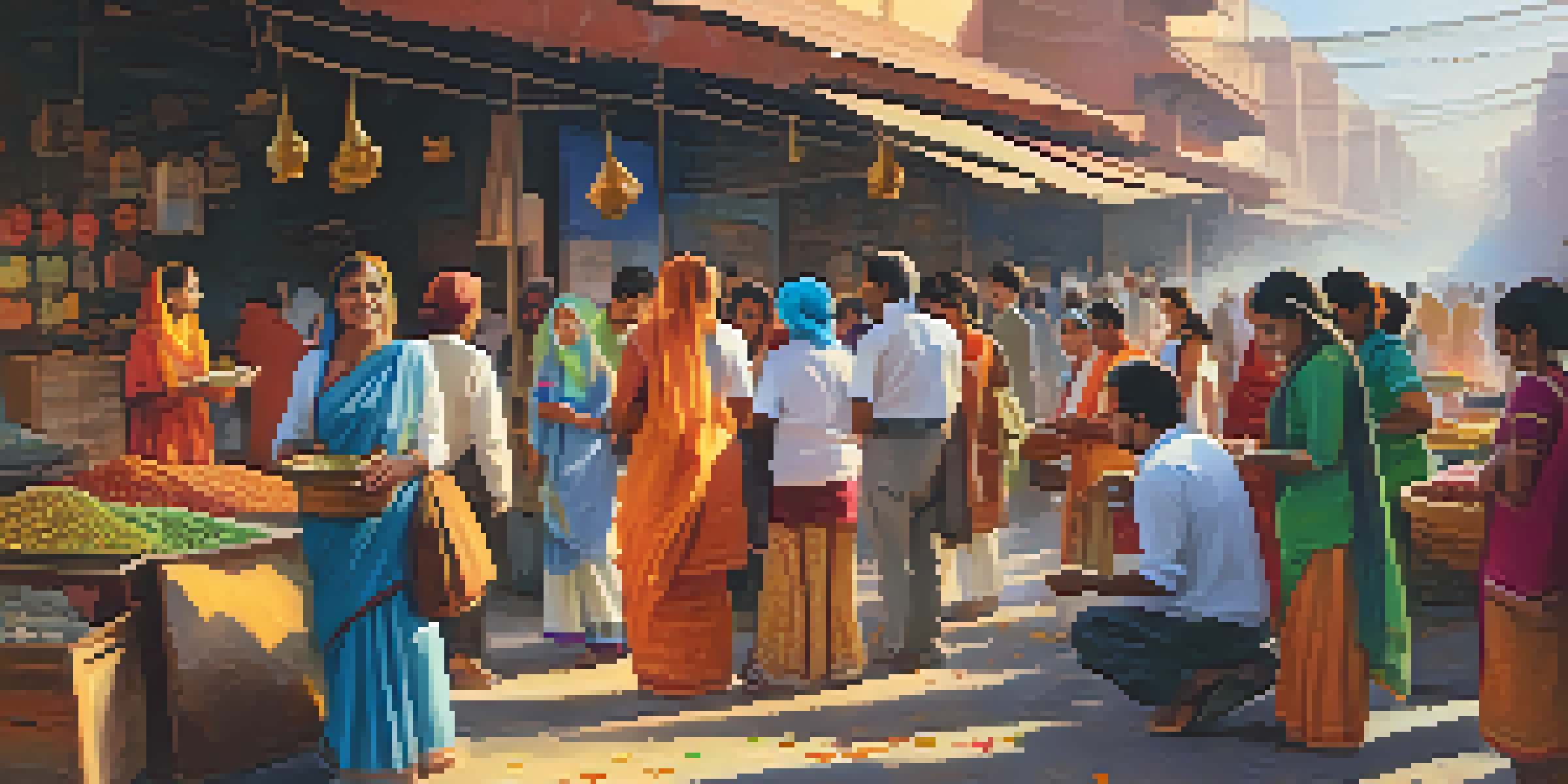A lively outdoor language class in an Indian market, with learners practicing Hindi among colorful stalls.