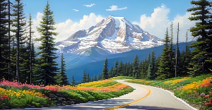 A winding mountain road with blooming wildflowers and pine trees, leading towards a distant snow-capped peak under a clear blue sky.