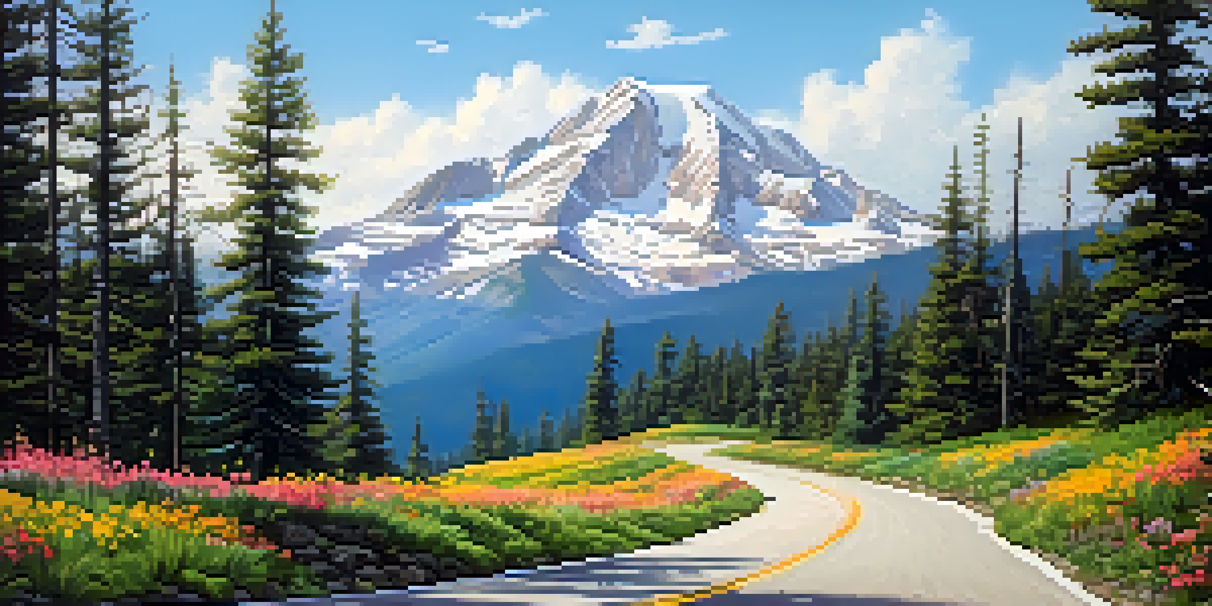 A winding mountain road with blooming wildflowers and pine trees, leading towards a distant snow-capped peak under a clear blue sky.