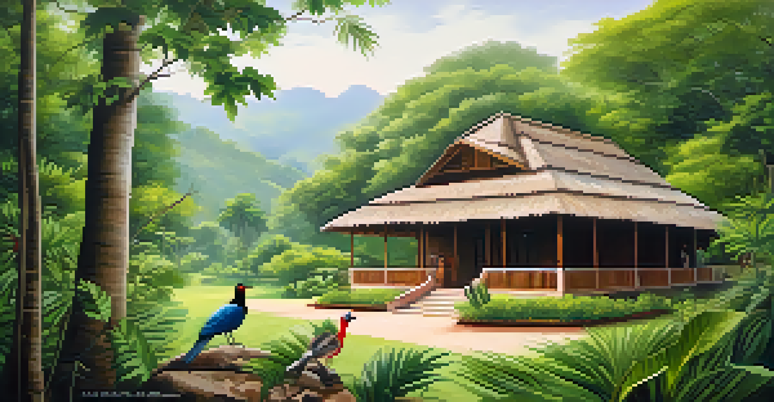 An eco-friendly lodge in a lush green landscape, with tourists enjoying a nature walk nearby.